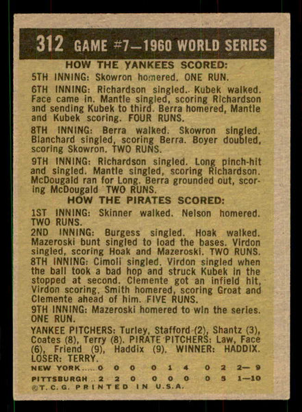 1961 Topps Baseball #312 World Series Game 7 Mazeroski EX-MT 551613