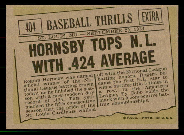 1961 Topps Baseball #404 Rogers Hornsby Cardinals EX 551619