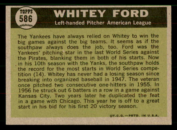1961 Topps Baseball #586 Whitey Ford A.S. Yankees EX-MT 551621