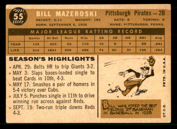 1960 Topps Baseball #055 Bill Mazeroski Pirates VG-EX 551635