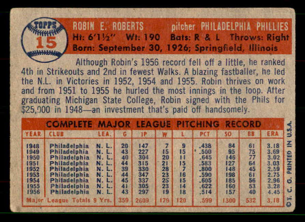 1957 Topps Baseball #015 Robin Roberts Phillies VG 551644