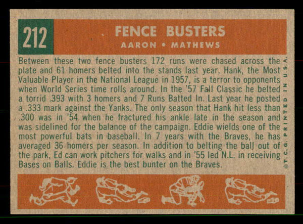 1959 Topps Baseball #212 Hank Aaron Eddie Mathews EX 551660