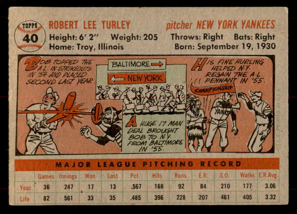 1956 Topps Baseball #040 Bob Turley Yankees EX Gray 551703