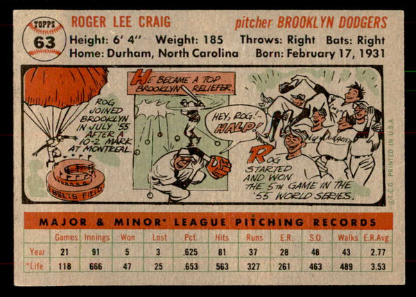 1956 Topps Baseball #063 Roger Craig Dodgers EX-MT Gray 551713