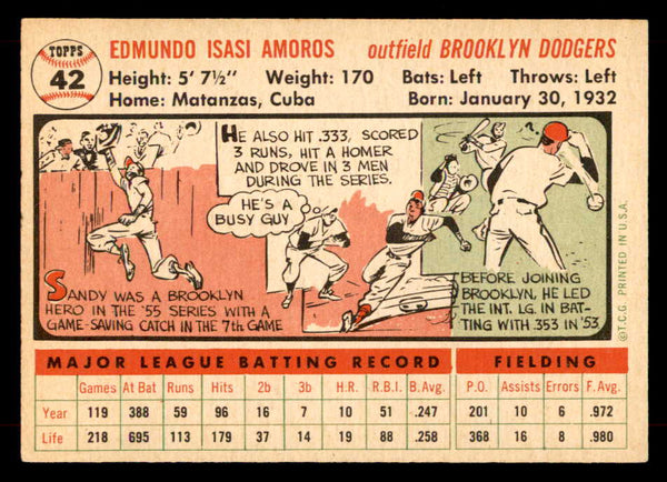 1956 Topps Baseball #042 Sandy Amoros Dodgers EX-MT White 551734