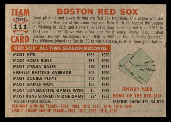1956 Topps Baseball #111 Boston Red Sox Team EX+/EX-MT Gray 551740
