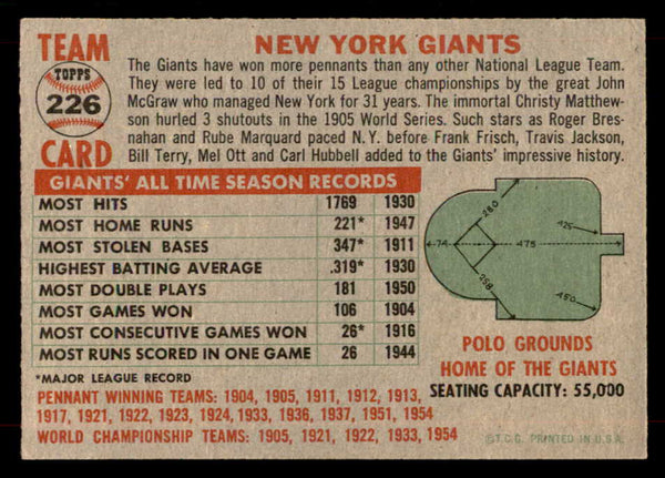1956 Topps Baseball #226 New York Giants Team EX-MT 551749
