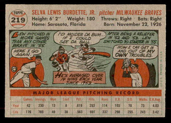 1956 Topps Baseball #219 Lou Burdette Braves EX-MT 551760
