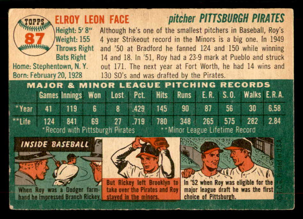 1954 Topps Baseball #087 Roy Face Pirates EX 551772
