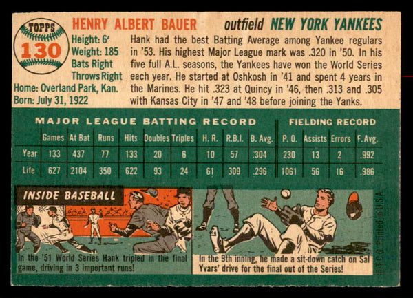 1954 Topps Baseball #130 Hank Bauer Yankees EX-MT 551788