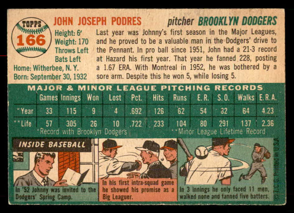 1954 Topps Baseball #166 Johnny Podres Dodgers EX-MT 551789