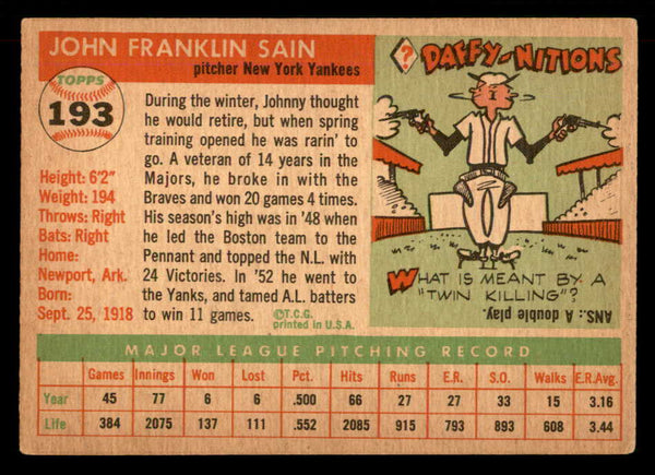 1955 Topps Baseball #193 Johnny Sain Yankees VG-EX 551796