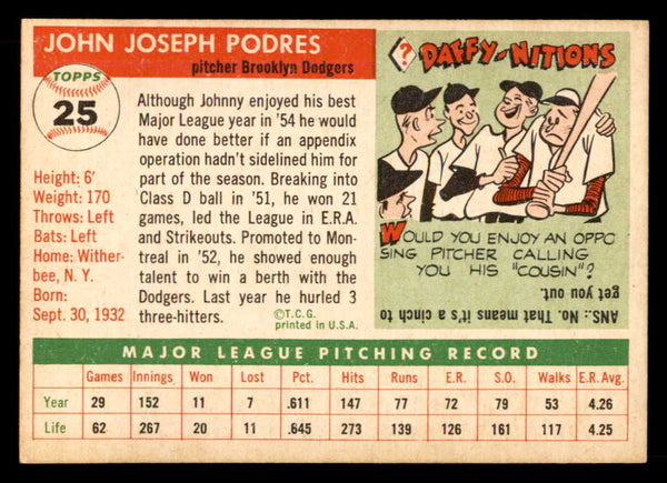 1955 Topps Baseball #025 Johnny Podres Dodgers EX-MT 551798