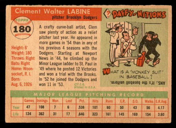 1955 Topps Baseball #180 Clem Labine Dodgers EX 551802