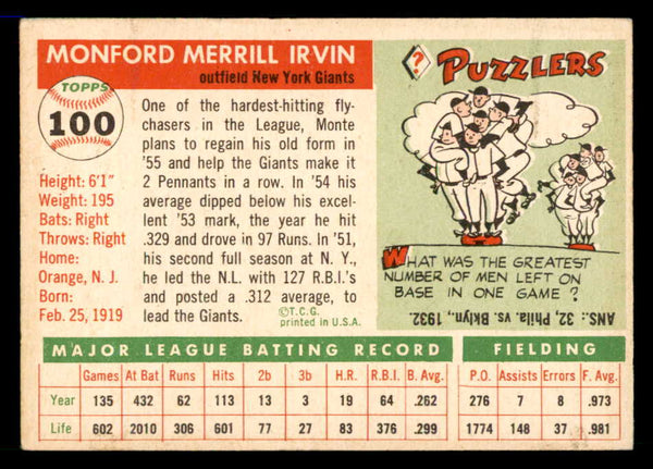 1955 Topps Baseball #100 Monte Irvin Giants VG-EX 551804