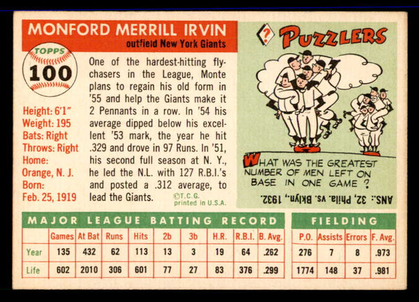 1955 Topps Baseball #100 Monte Irvin Giants EX-MT 551805