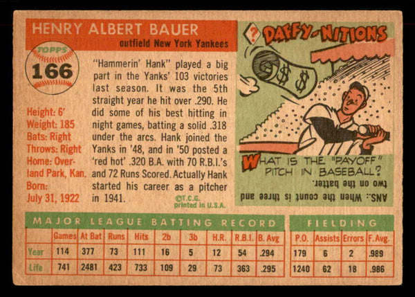 1955 Topps Baseball #166 Hank Bauer Yankees EX 551811
