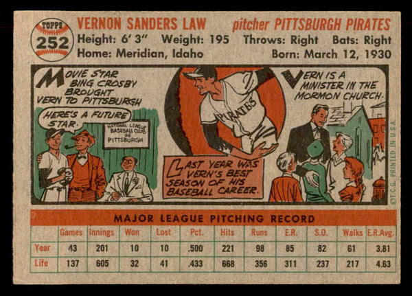 1956 Topps Baseball #252 Vern Law Pirates EX-MT 551819