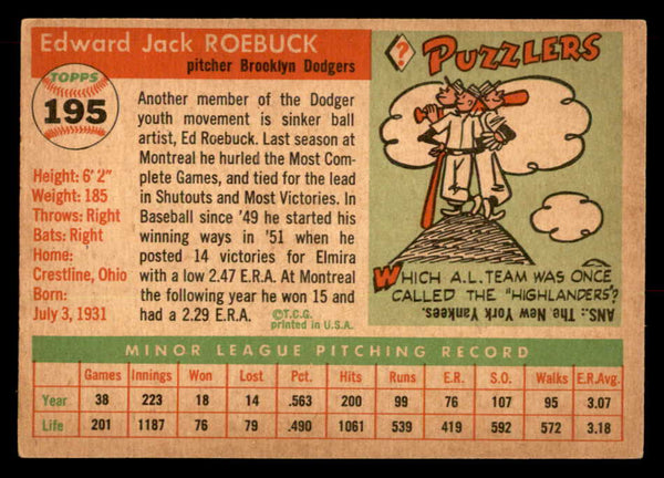 1955 Topps Baseball #195 Ed Roebuck Dodgers EX+/EX-MT 551857
