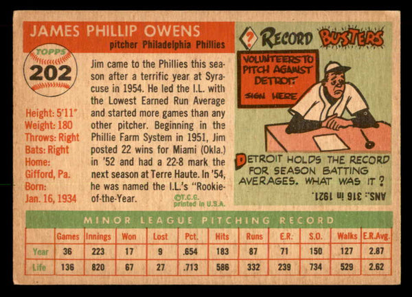 1955 Topps Baseball #202 Jim Owens Phillies EX 551863