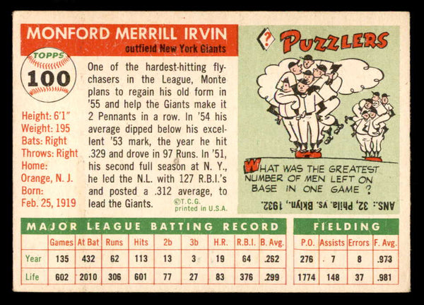 1955 Topps Baseball #100 Monte Irvin Giants EX 551875