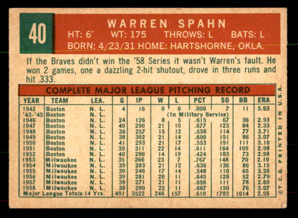 1959 Topps Baseball #040 Warren Spahn Braves EX+/EX-MT 1931 551901