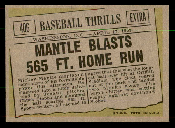 1961 Topps Baseball #406 Mickey Mantle IA Yankees EX+/EX-MT 551937