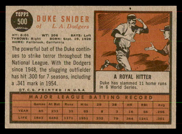 1962 Topps Baseball #500 Duke Snider Dodgers EX-MT 551941