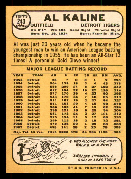 1968 Topps Baseball #240 Al Kaline Tigers NR-MT 551947