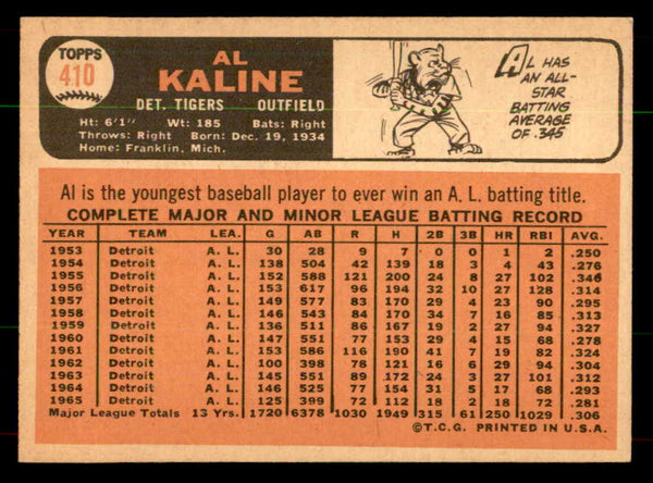 1966 Topps Baseball #410 Al Kaline Tigers EX-MT 551950