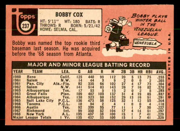 1969 Topps Baseball #237 Bobby Cox Yankees NR-MT 551983