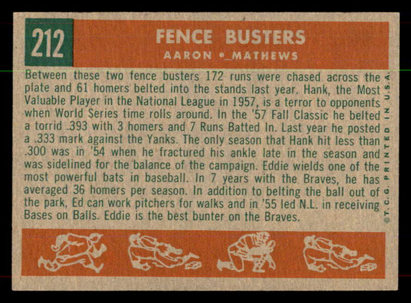 1959 Topps Baseball #212 Hank Aaron Eddie Mathews EX-MT 552038