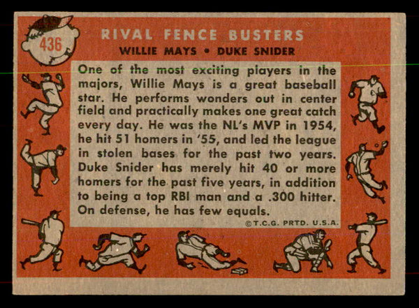 1958 Topps Baseball #436 Willie Mays Duke Snider EX 552044