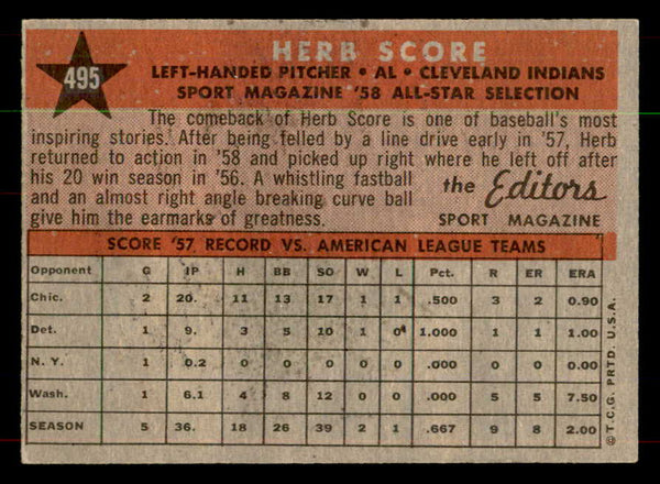 1958 Topps Baseball #495 Herb Score A.S. Indians NR-MT 552057