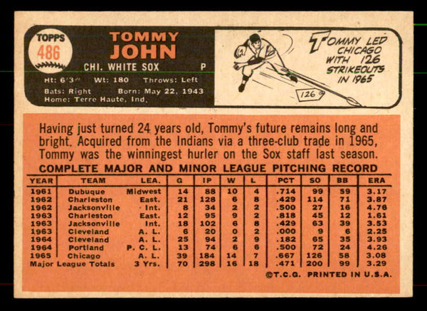 1966 Topps Baseball #486 Tommy John White Sox EX-MT 552066