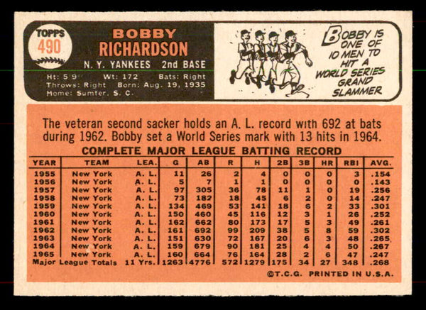 1966 Topps Baseball #490 Bobby Richardson Yankees EX-MT 552070