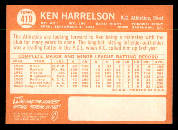 1964 Topps Baseball #419 Ken Harrelson A's EX-MT 552071