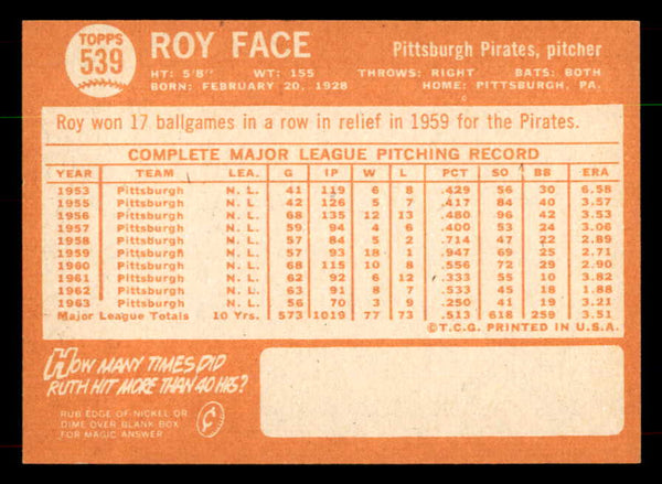1964 Topps Baseball #539 Roy Face Pirates EX-MT 552072