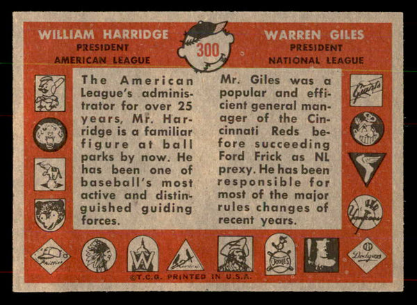 1958 Topps Baseball #300 Warren Giles William Harridge EX-MT 552093