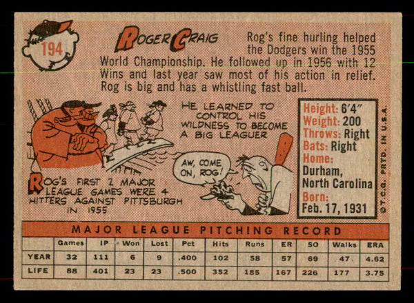 1958 Topps Baseball #194 Roger Craig Dodgers EX-MT 552105