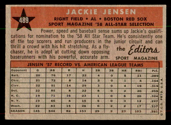1958 Topps Baseball #489 Jackie Jensen A.S. Red Sox EX 552107