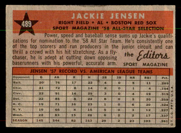 1958 Topps Baseball #489 Jackie Jensen A.S. Red Sox EX 552108