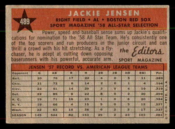 1958 Topps Baseball #489 Jackie Jensen A.S. Red Sox EX-MT 552109