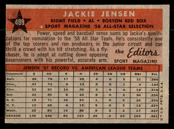1958 Topps Baseball #489 Jackie Jensen A.S. Red Sox EX-MT 552110