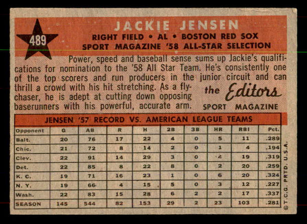 1958 Topps Baseball #489 Jackie Jensen A.S. Red Sox EX-MT 552112