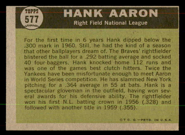 1961 Topps Baseball #577 Hank Aaron A.S. Braves EX-MT 552132