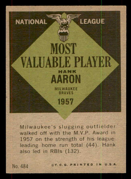 1961 Topps Baseball #484 Hank Aaron MVP Braves EX 552136