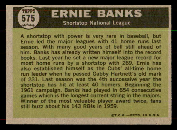 1961 Topps Baseball #575 Ernie Banks A.S. Cubs EX-MT 552139