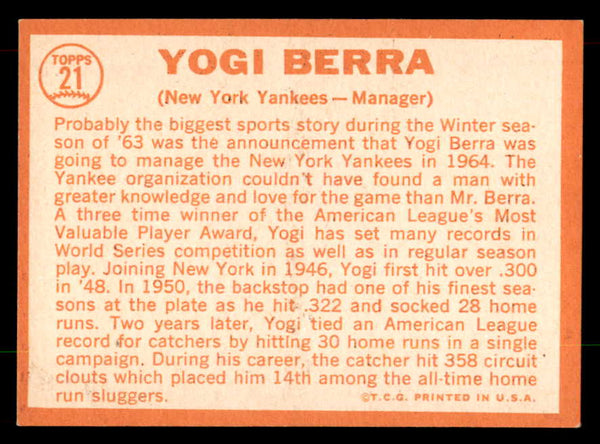 1964 Topps Baseball #021 Yogi Berra Yankees EX-MT 552148