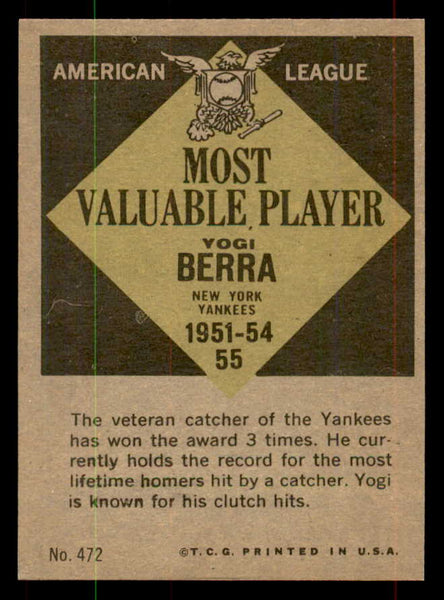 1961 Topps Baseball #472 Yogi Berra MVP Yankees EX-MT 552152